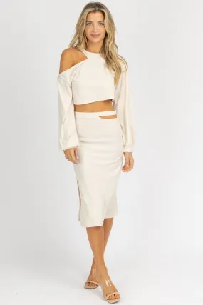 LIGHT SAND CUTOUT CROP   MIDI SKIRT SET