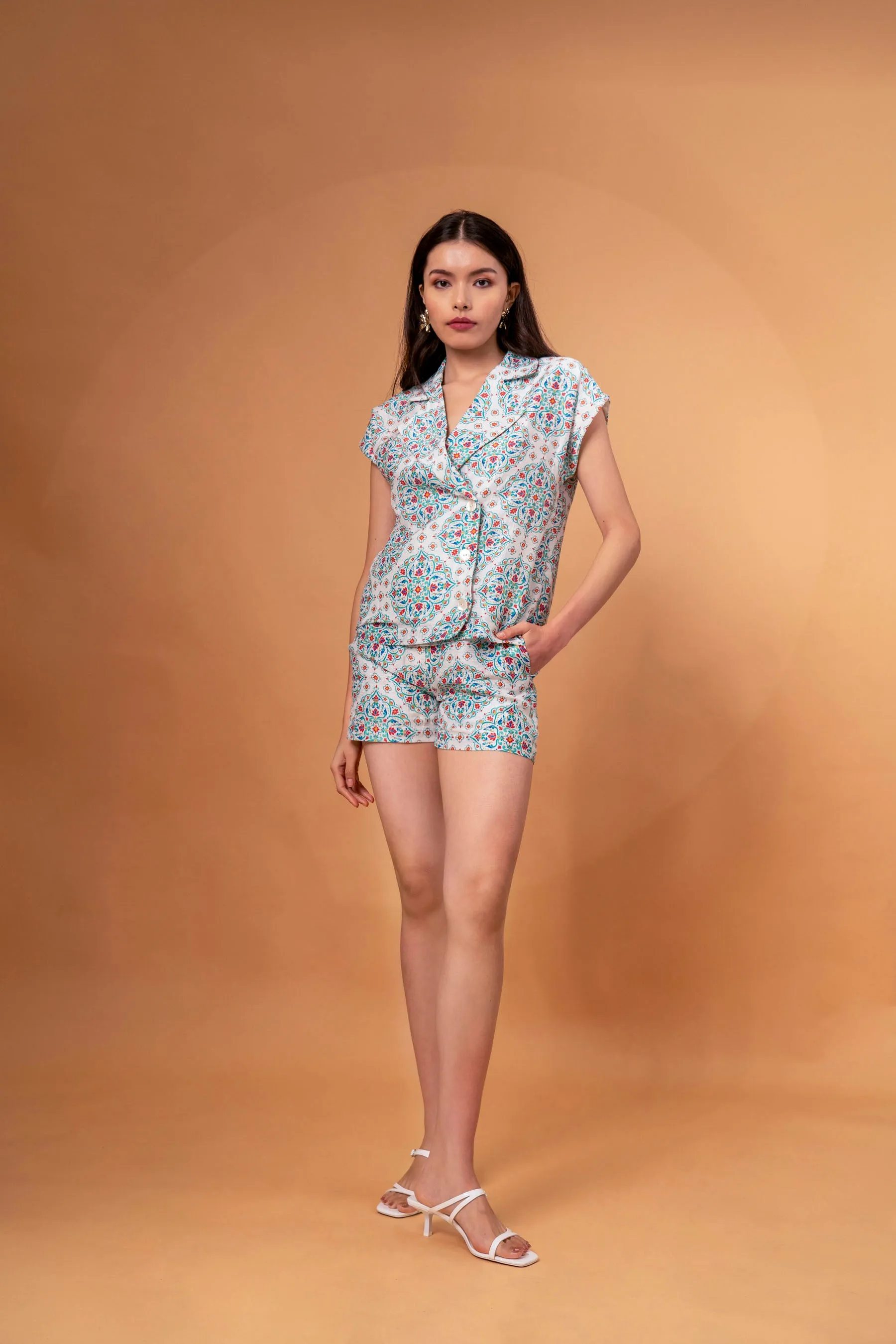 Linen Lappelled Short Sleeve Top With Shorts Co-ord