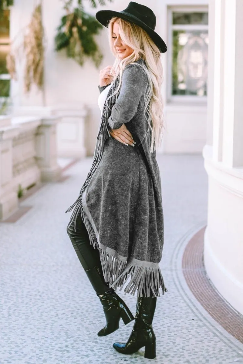 Long Black Fringed Cardigan