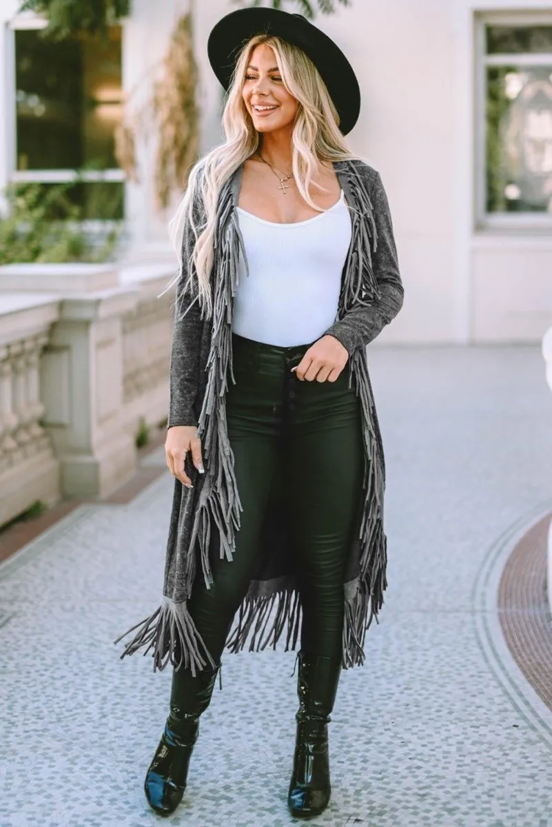 Long Black Fringed Cardigan