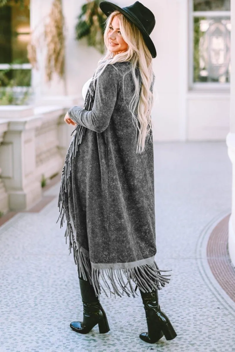 Long Black Fringed Cardigan