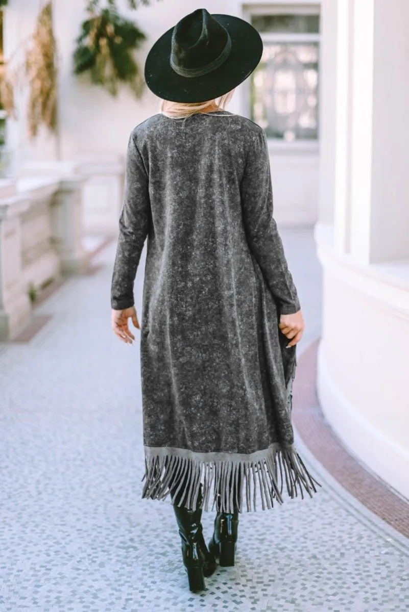 Long Black Fringed Cardigan