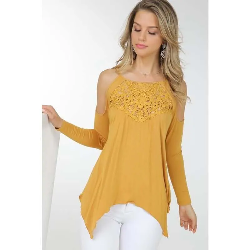 Long Sleeve Cold Shoulder Lace Detail Top