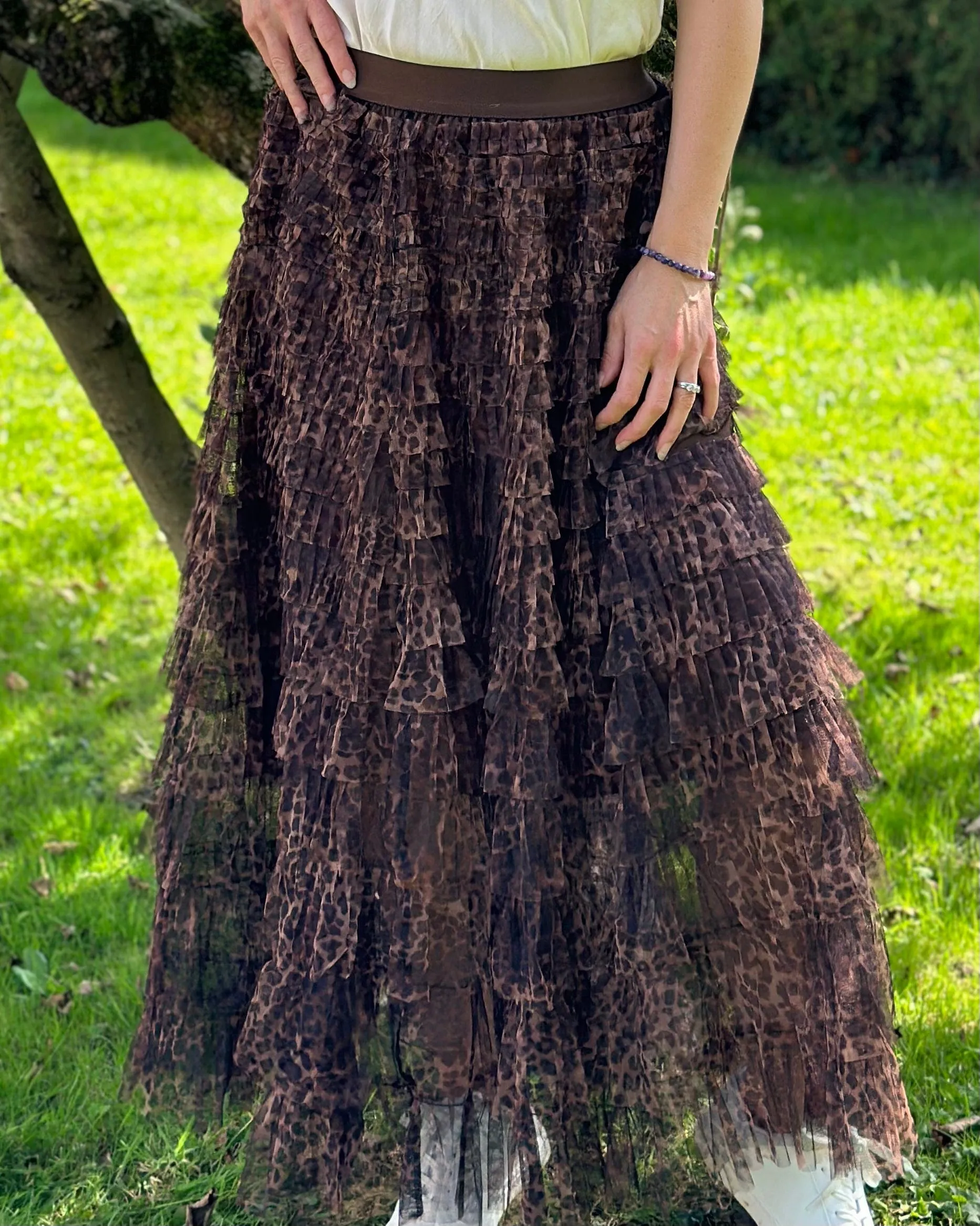 Long Tiered Tulle Skirt - Leopard Print/Brown