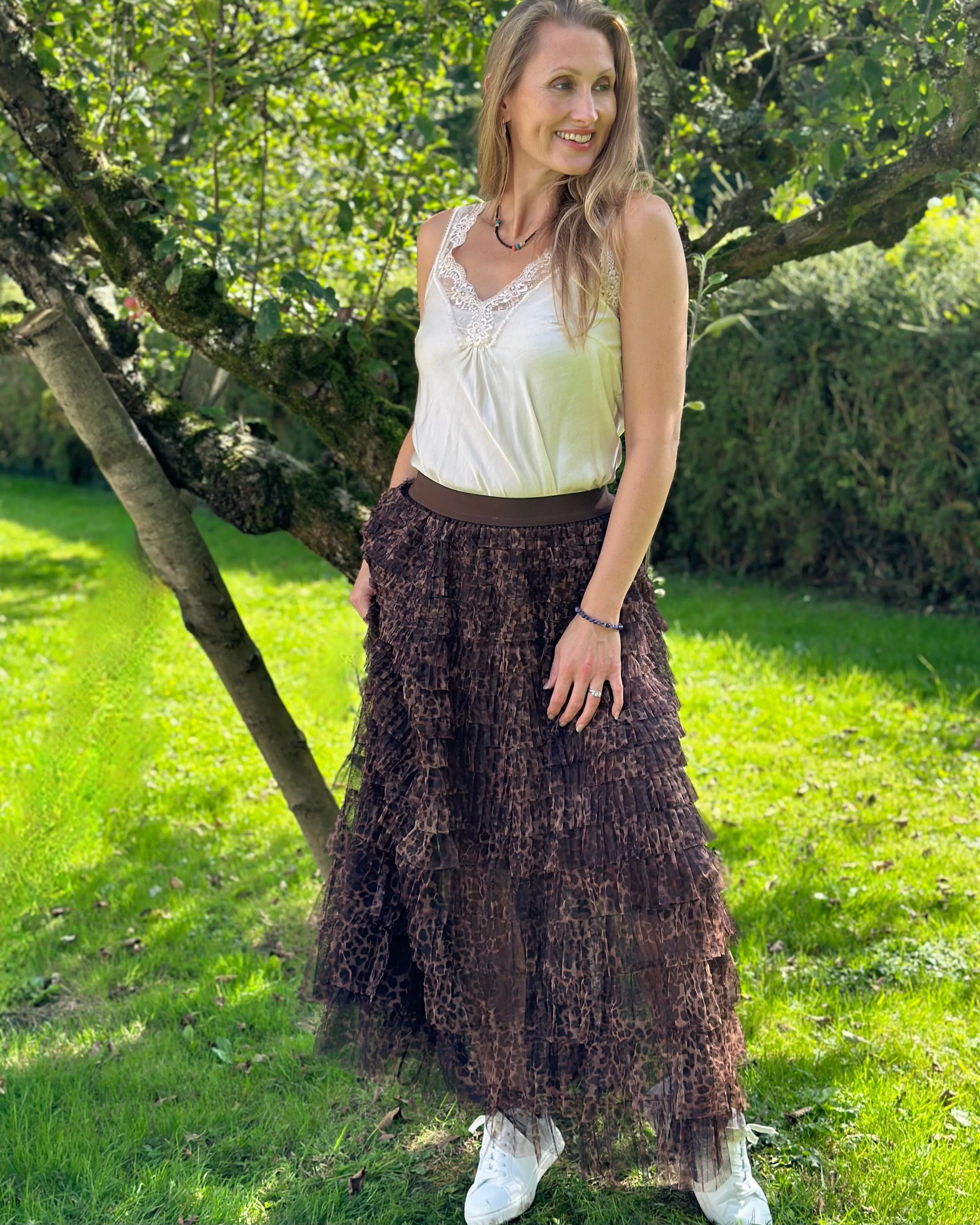 Long Tiered Tulle Skirt - Leopard Print/Brown