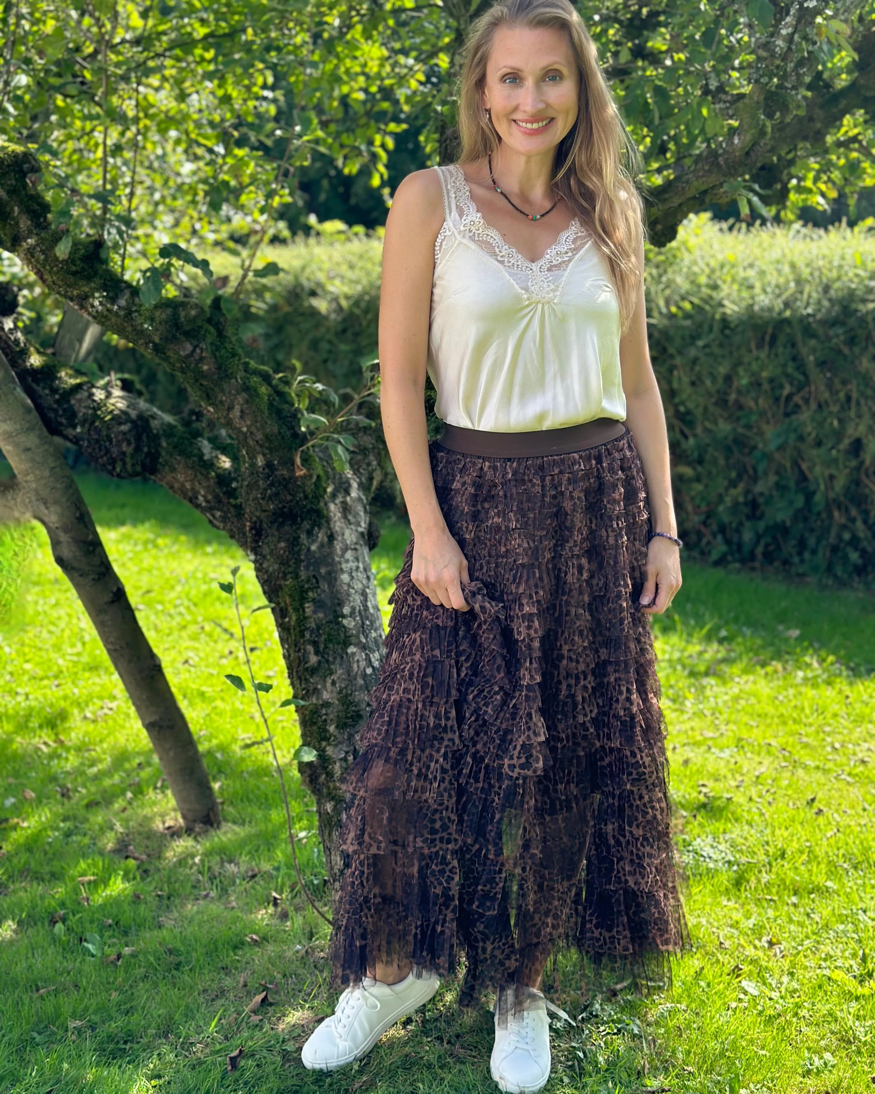 Long Tiered Tulle Skirt - Leopard Print/Brown