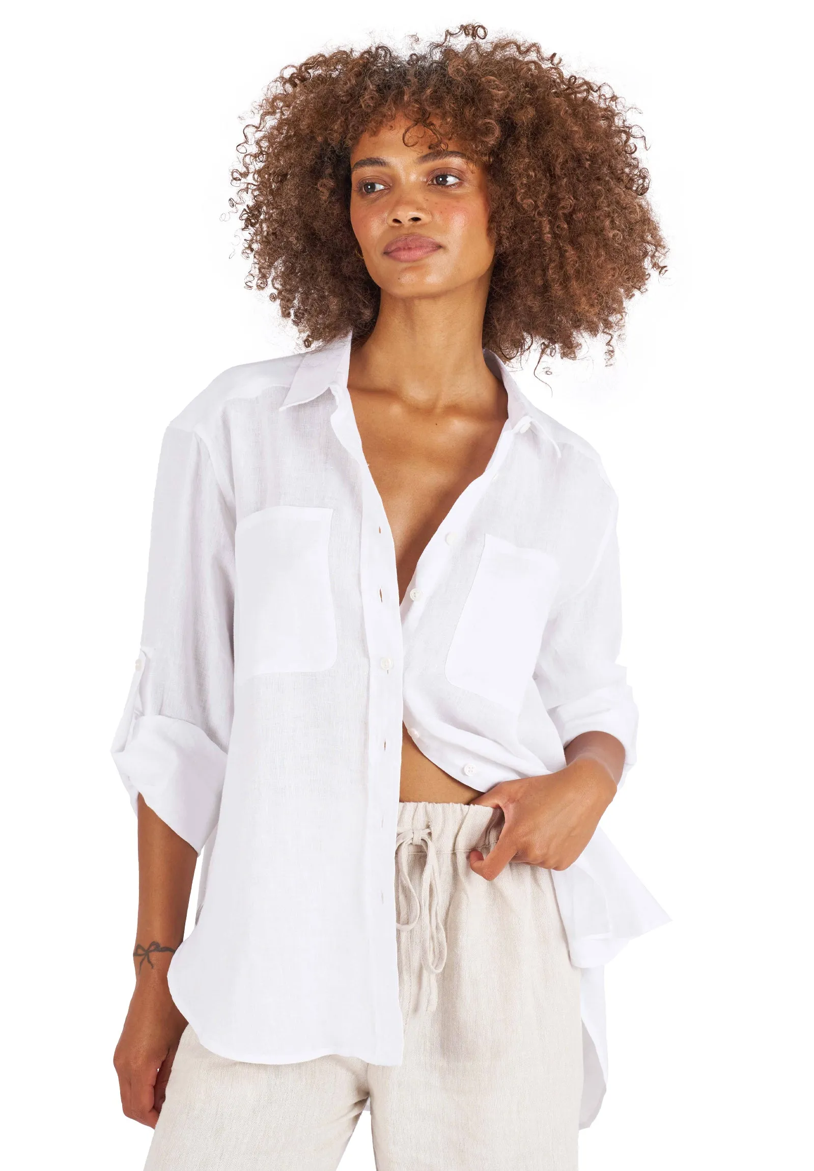 Luna White Oversized Linen Shirt with Pockets