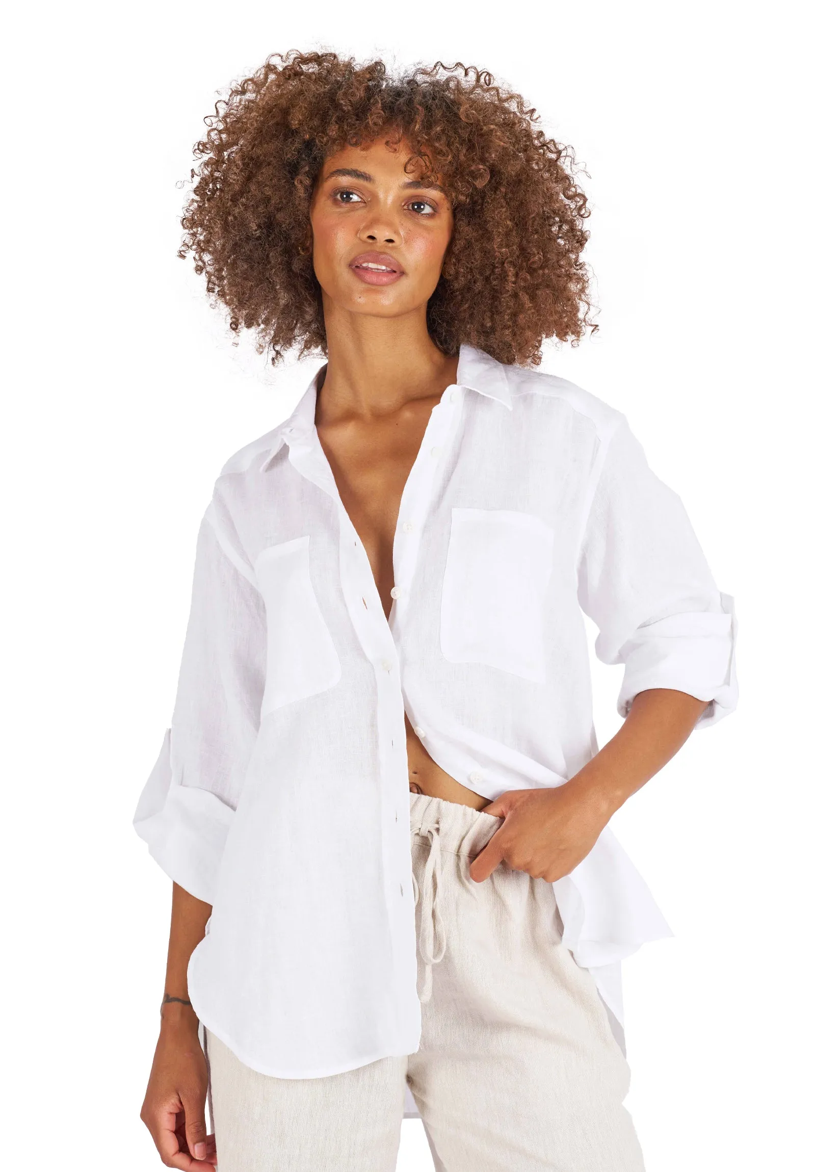 Luna White Oversized Linen Shirt with Pockets