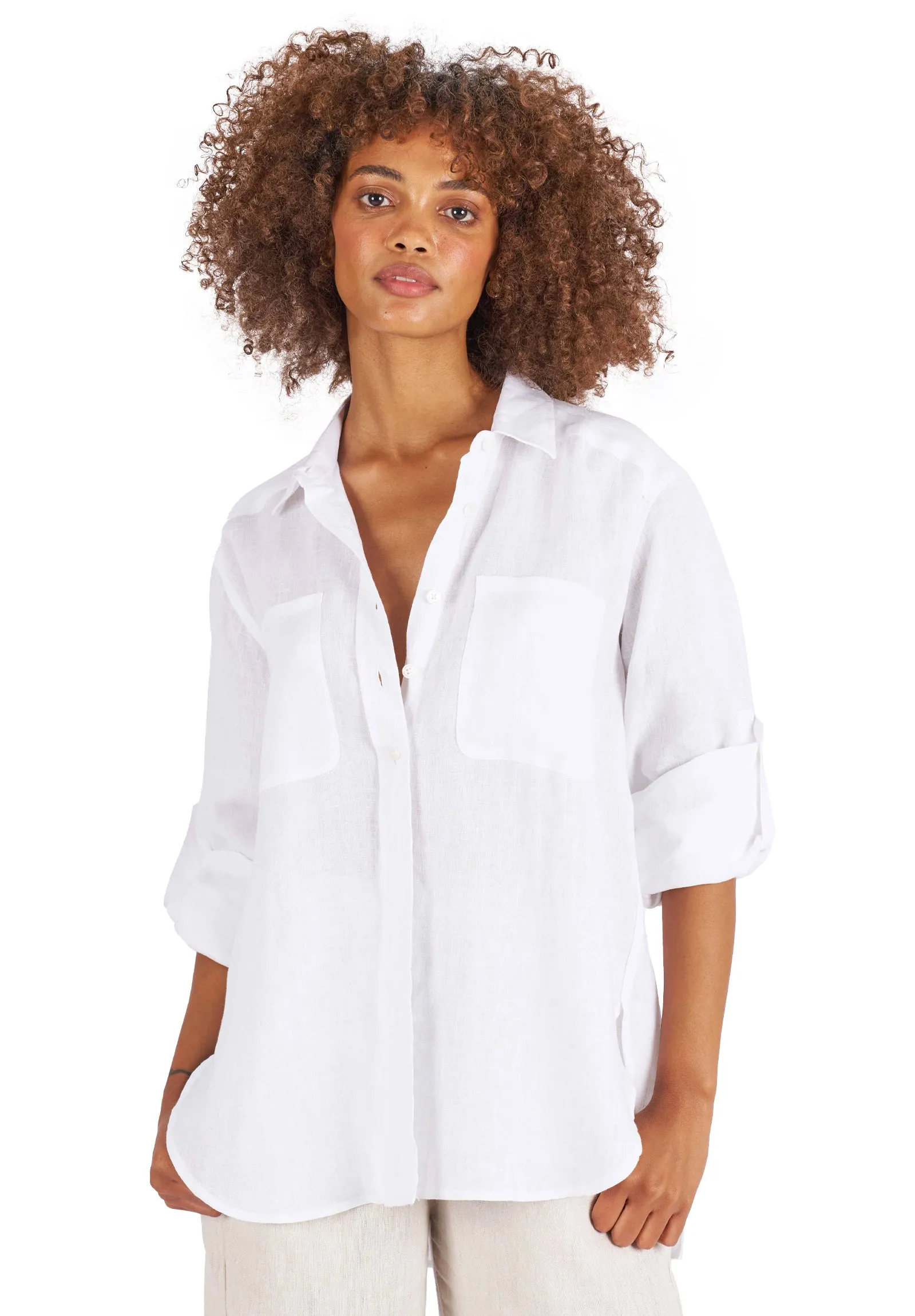 Luna White Oversized Linen Shirt with Pockets