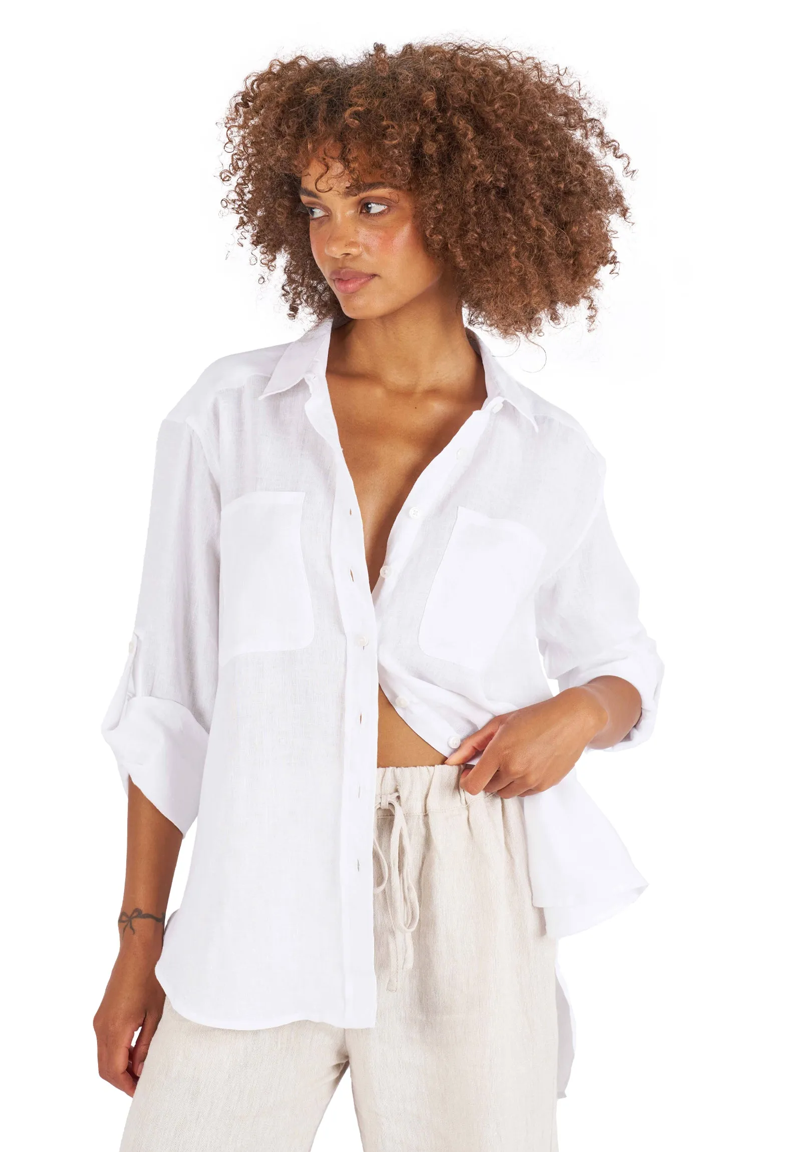 Luna White Oversized Linen Shirt with Pockets