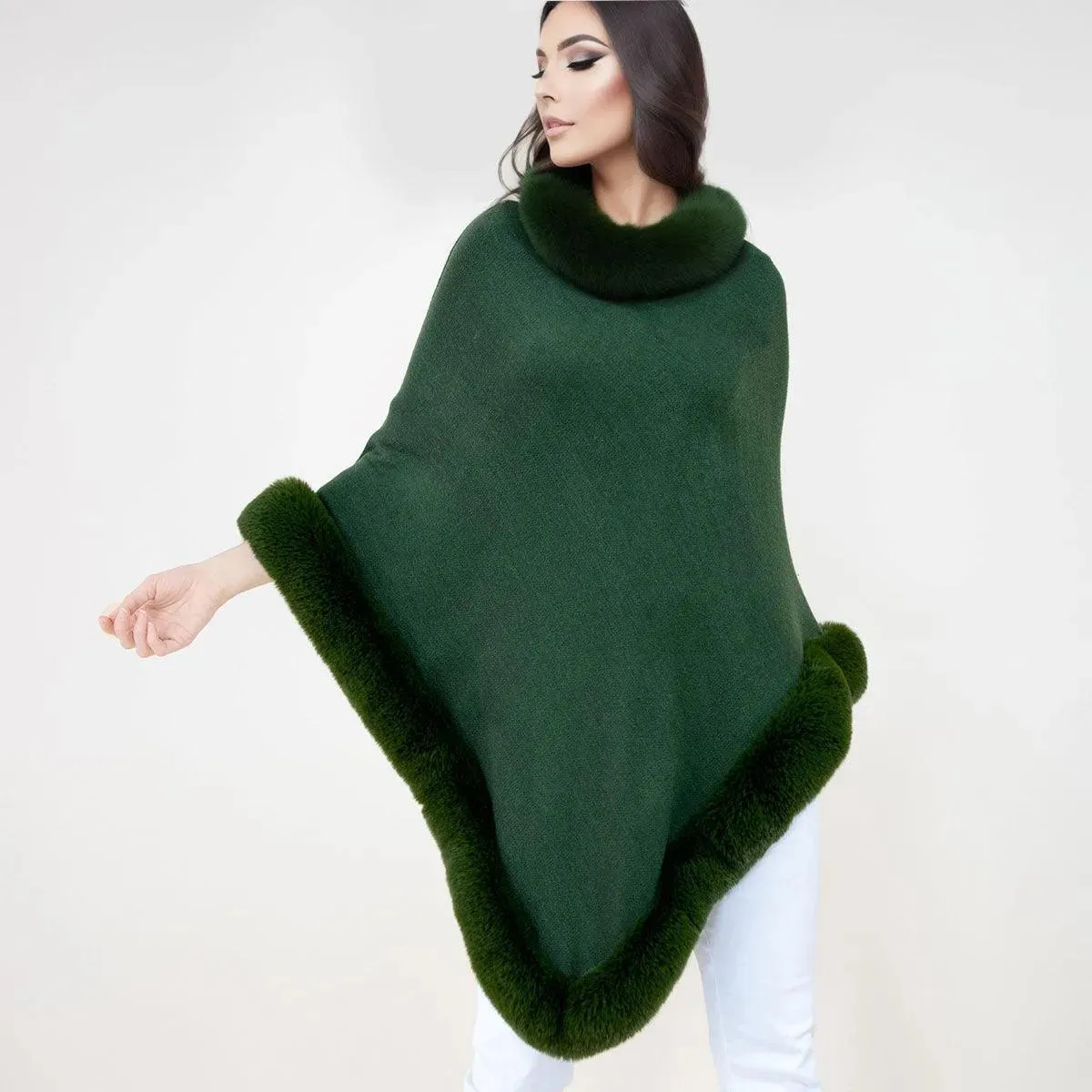 Luxurious & Stylish: Olive-green Poncho with Faux Fur Trim for Women