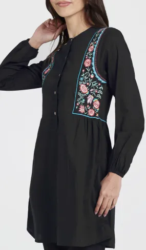 Marzo Embroidered Cotton Modest Buttondown Tunic - Black