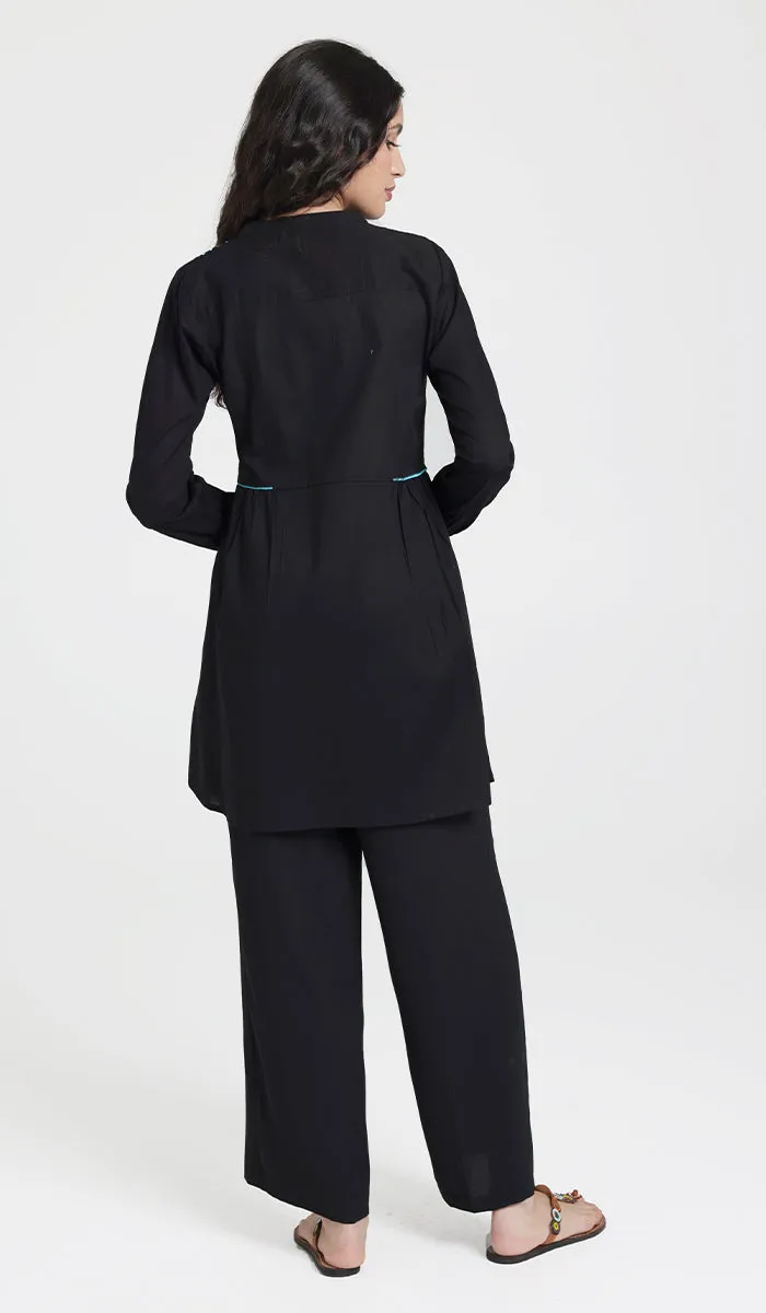 Marzo Embroidered Cotton Modest Buttondown Tunic - Black