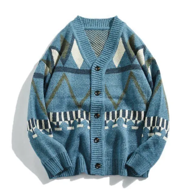 Men Cardigan Autumn Male Outwear Mens Sweaters V-neck Argyle Retro Japanese Trendy All-match Casual Cozy Ulzzang Preppy Chic Ins