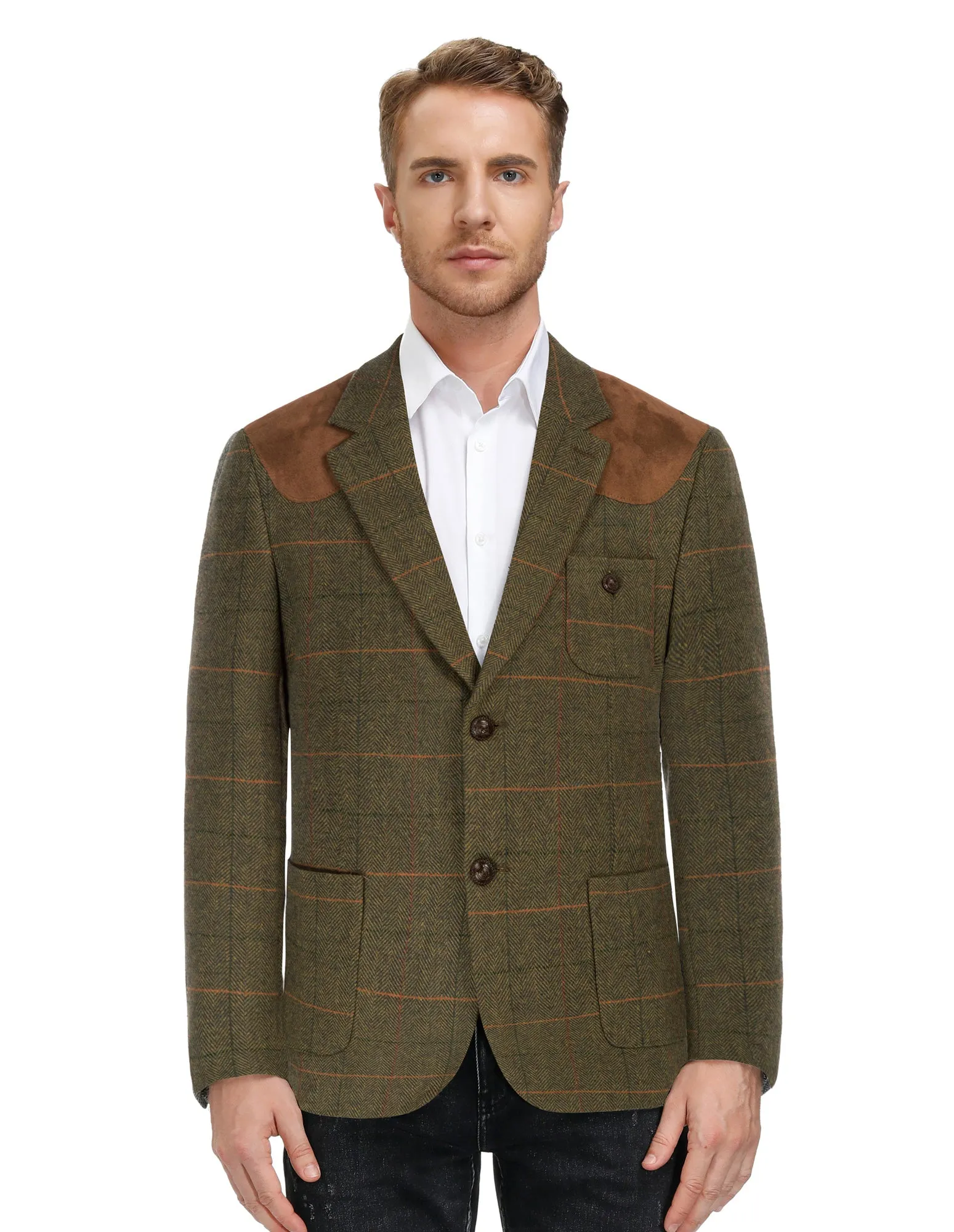 Men Faux Suede Patchwork Blazer Coat Notch Lapel Two-Button Back Slit Coat