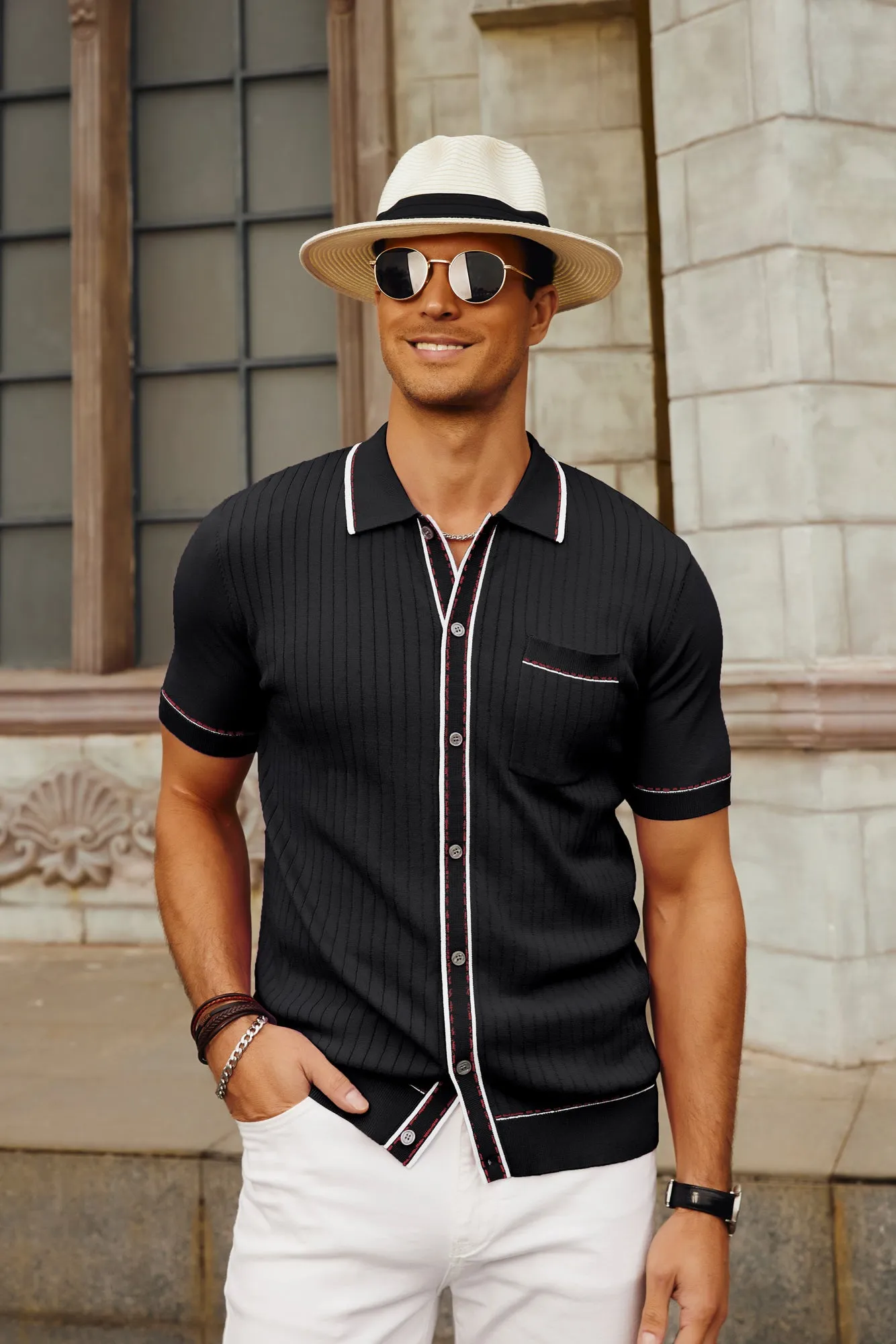 Men's Short Sleeve Knit Polo Cardigans Shirts Vintage Golf Polo Shirt