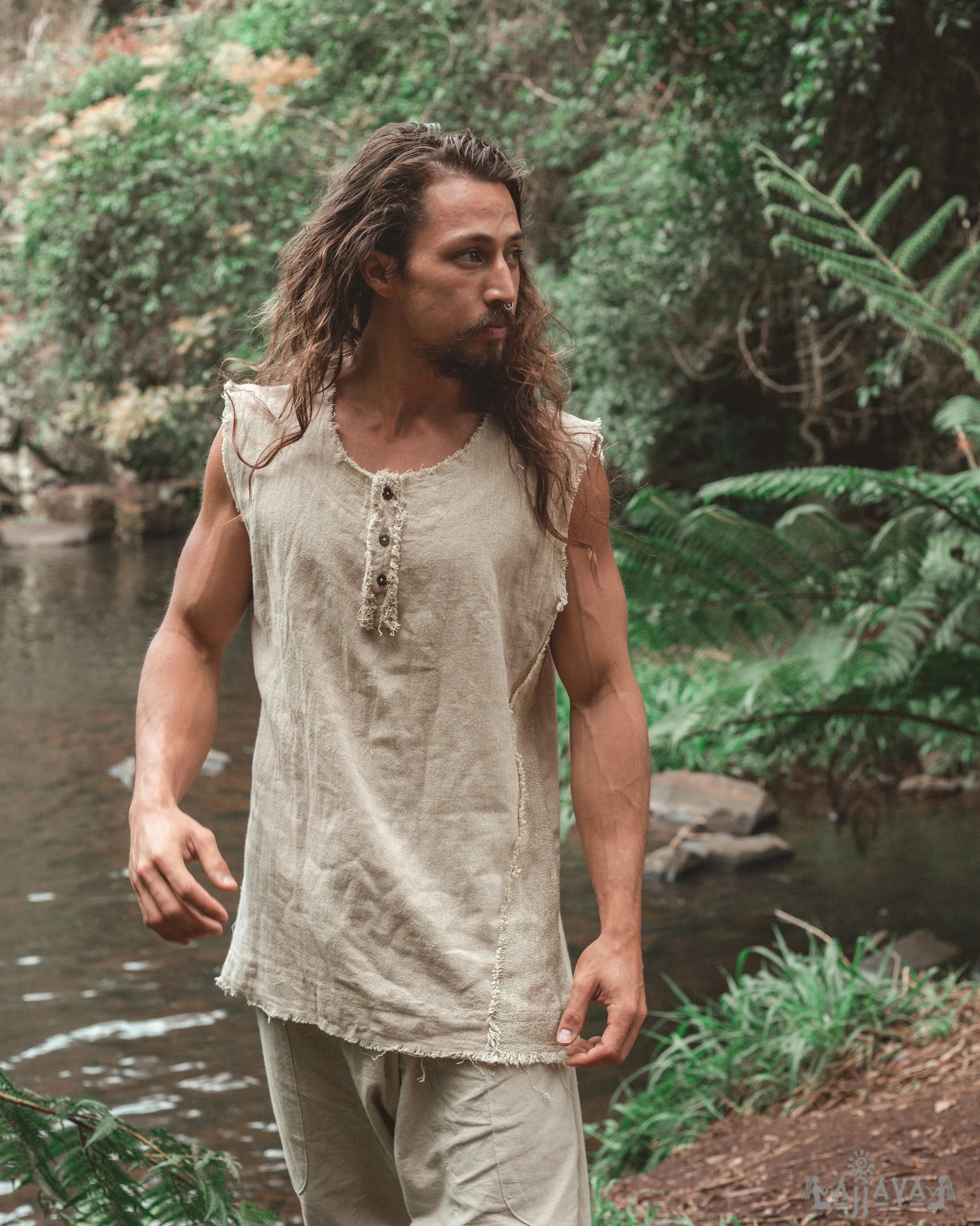 Mens Tank Top Handmade Beige Neo Gypsy Sleeveless Earthy Top Shirt, Tribal Jungle Natural Savage Neck Festival Rave AJJAYA Nomadic Primitive