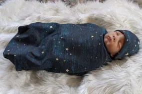 Midnight Teal Blue Space Star Baby Set Blanket BeanieHeadband Swaddle Nursing Cover - Hospital Going Home Outfit