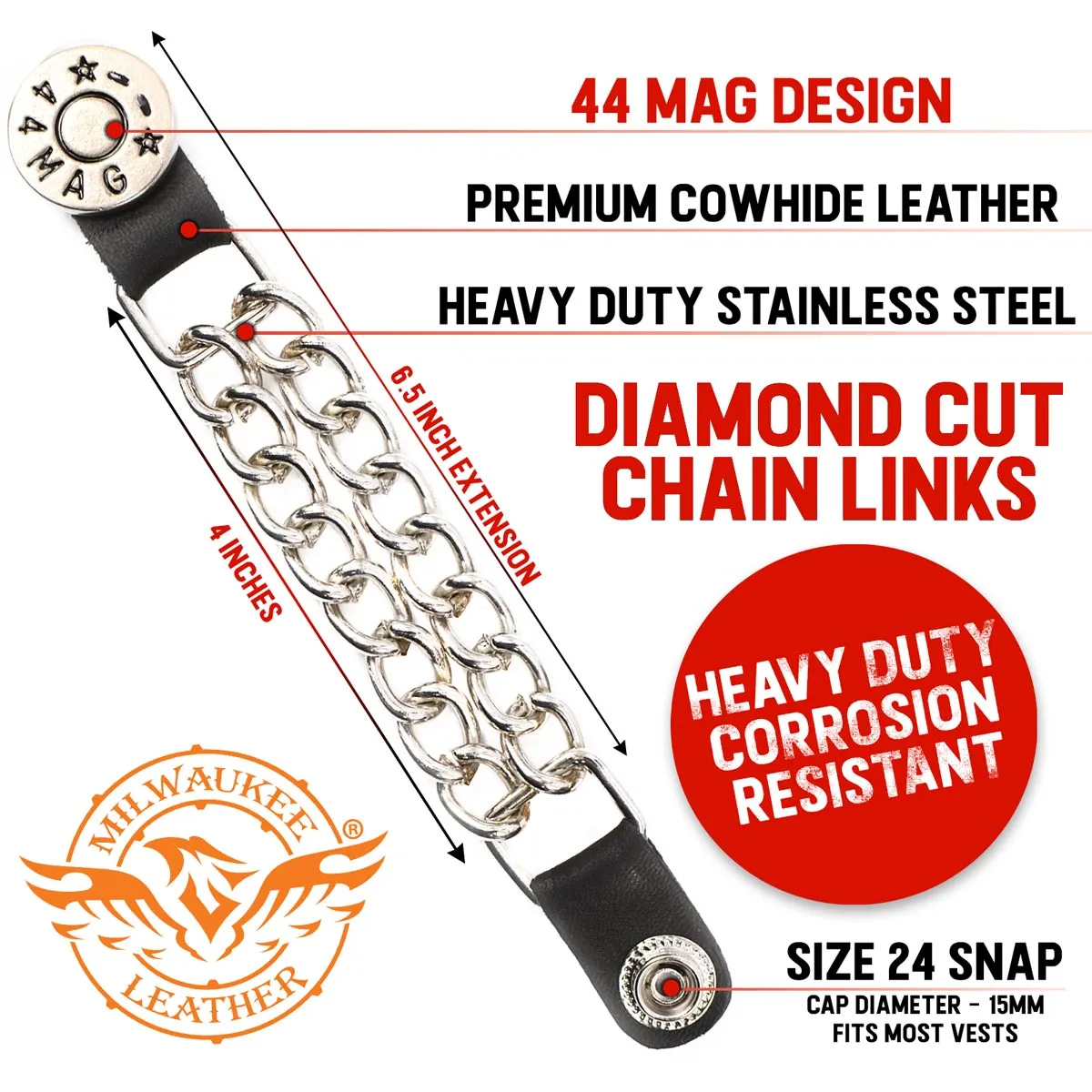 Milwaukee Leather 44-Magnum Dial Vest Extender Double Chrome Chains Genuine Leather 6.5" Extension MLA1002-Single