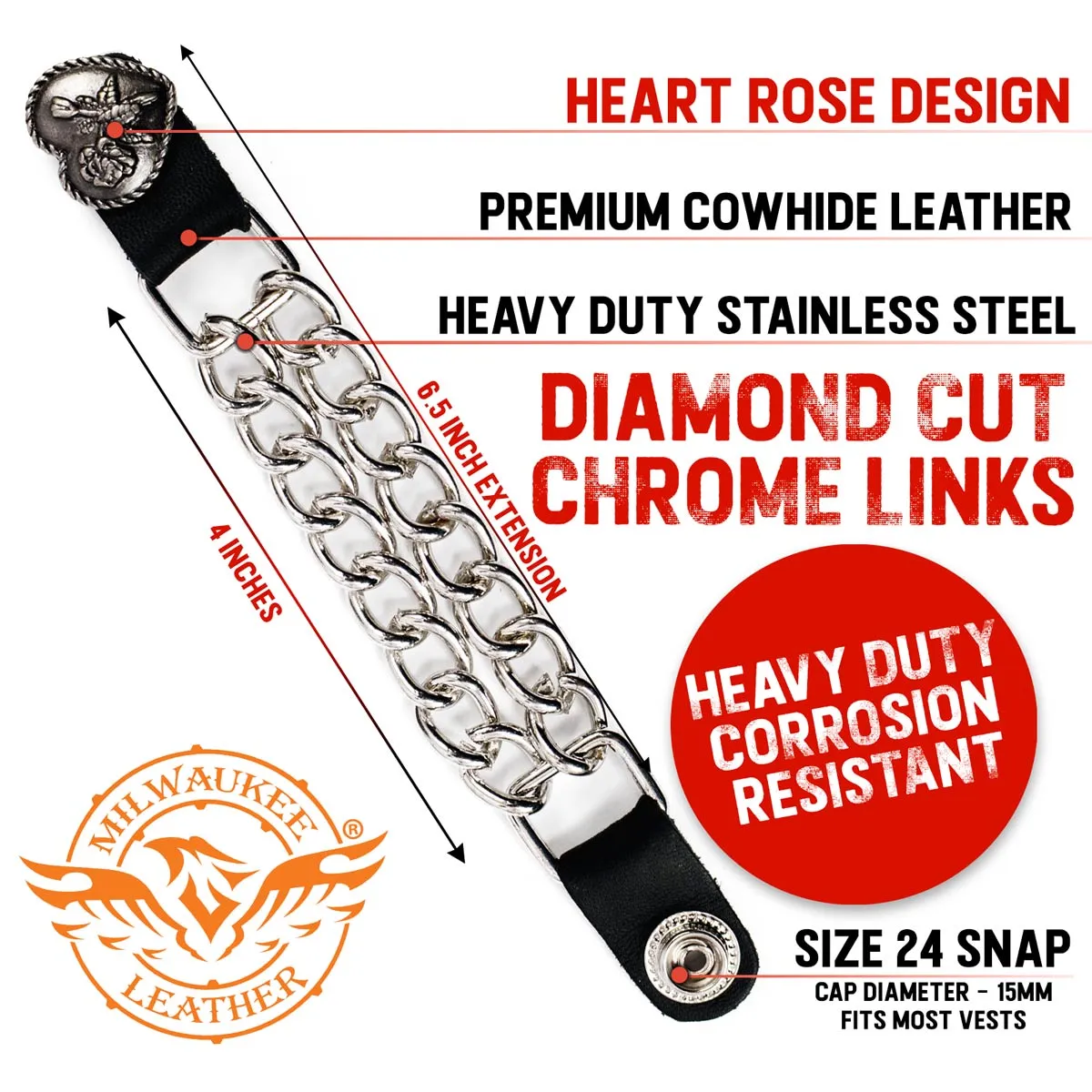 Milwaukee Leather Heart Rose Medallion Vest Extender - Double Chrome Chains Genuine Leather 6.5" Extension MLA1013-Single