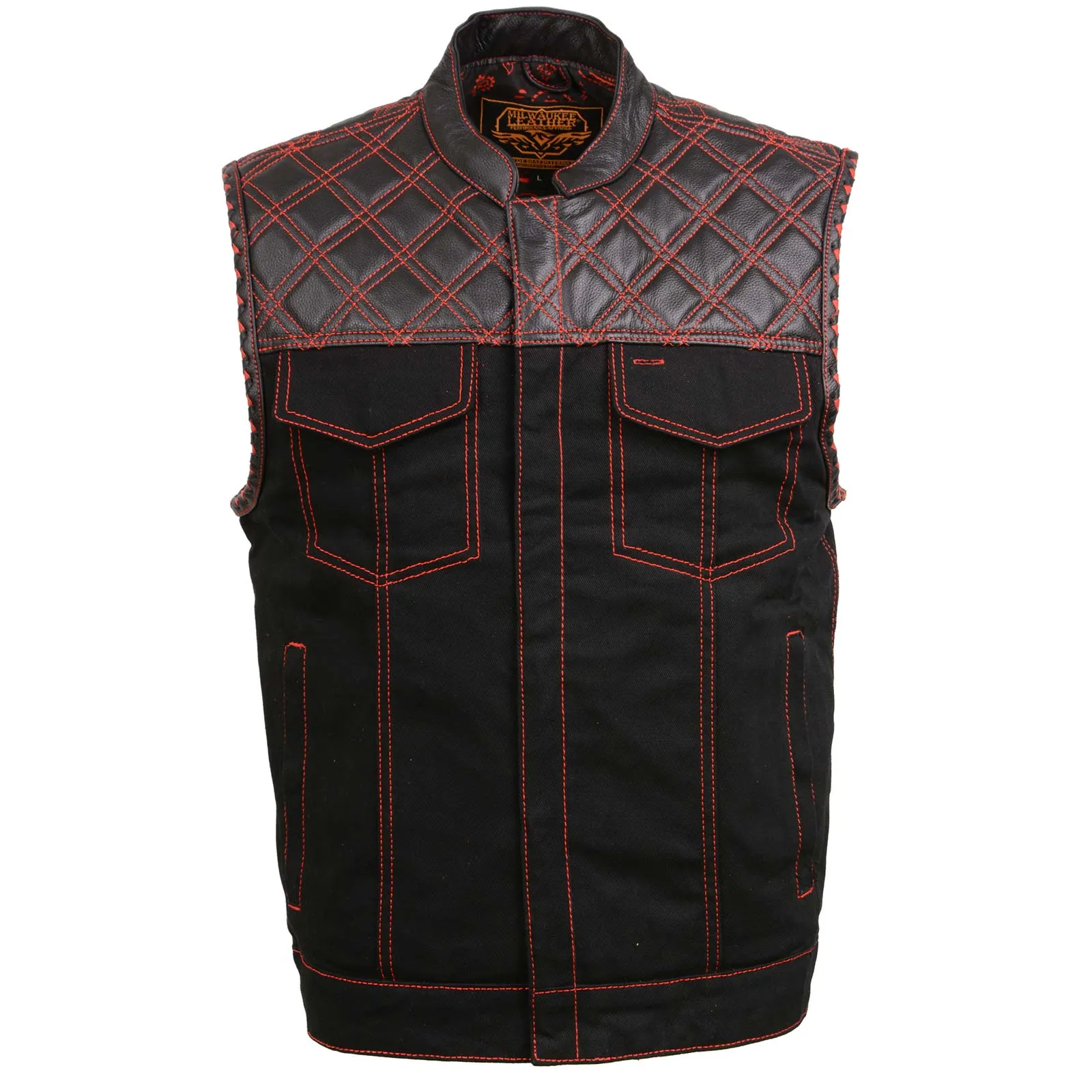 Milwaukee Leather MDM3036 Men's 'Wrecker' Black Denim and Leather Club Style Vest w/ Diamond Quilt Design