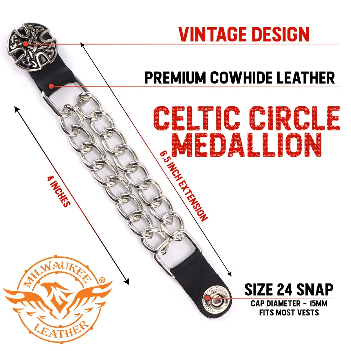 Milwaukee Leather MLA1024-Single Celtic Circle Vest Extender Double Chrome Chains w/ Genuine Leather 4" Extension