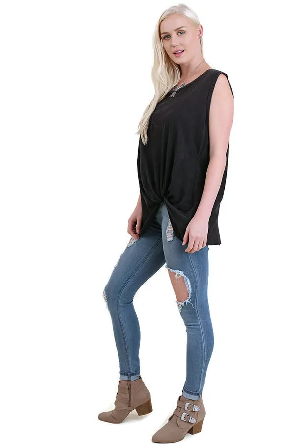 Mineral Washed Twisted Knot Top, Washed Black