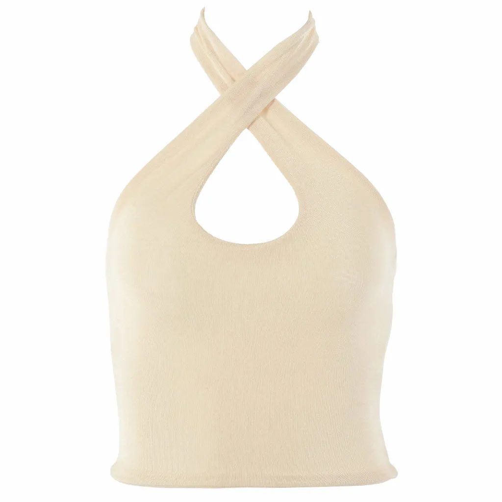 Modern Chic Halter Neck Cross Front Crop Tank Top - Beige