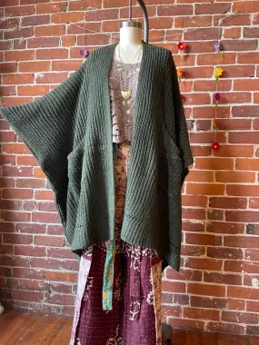 Moss Green Chunky Knit Soft Poncho With Pockets