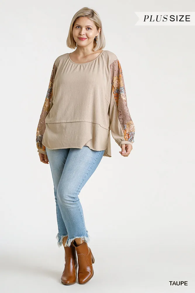 Multicolor Floral Lace Sleeve Top, Taupe