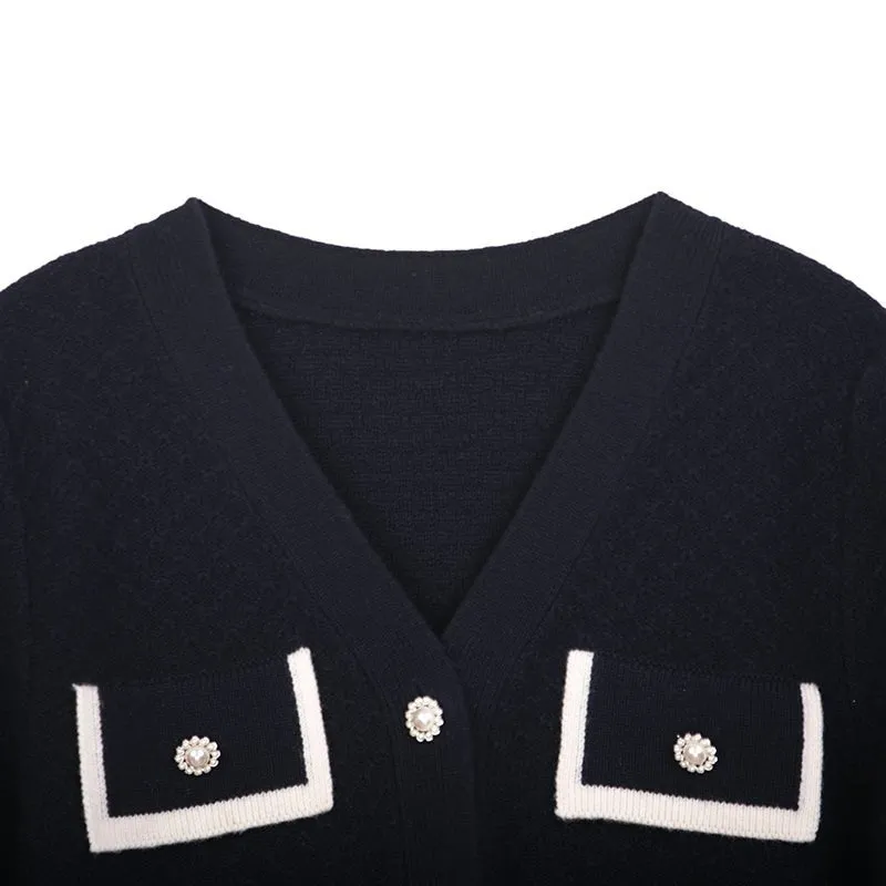 Navy Blue V Neck Metal Buttons Sweater