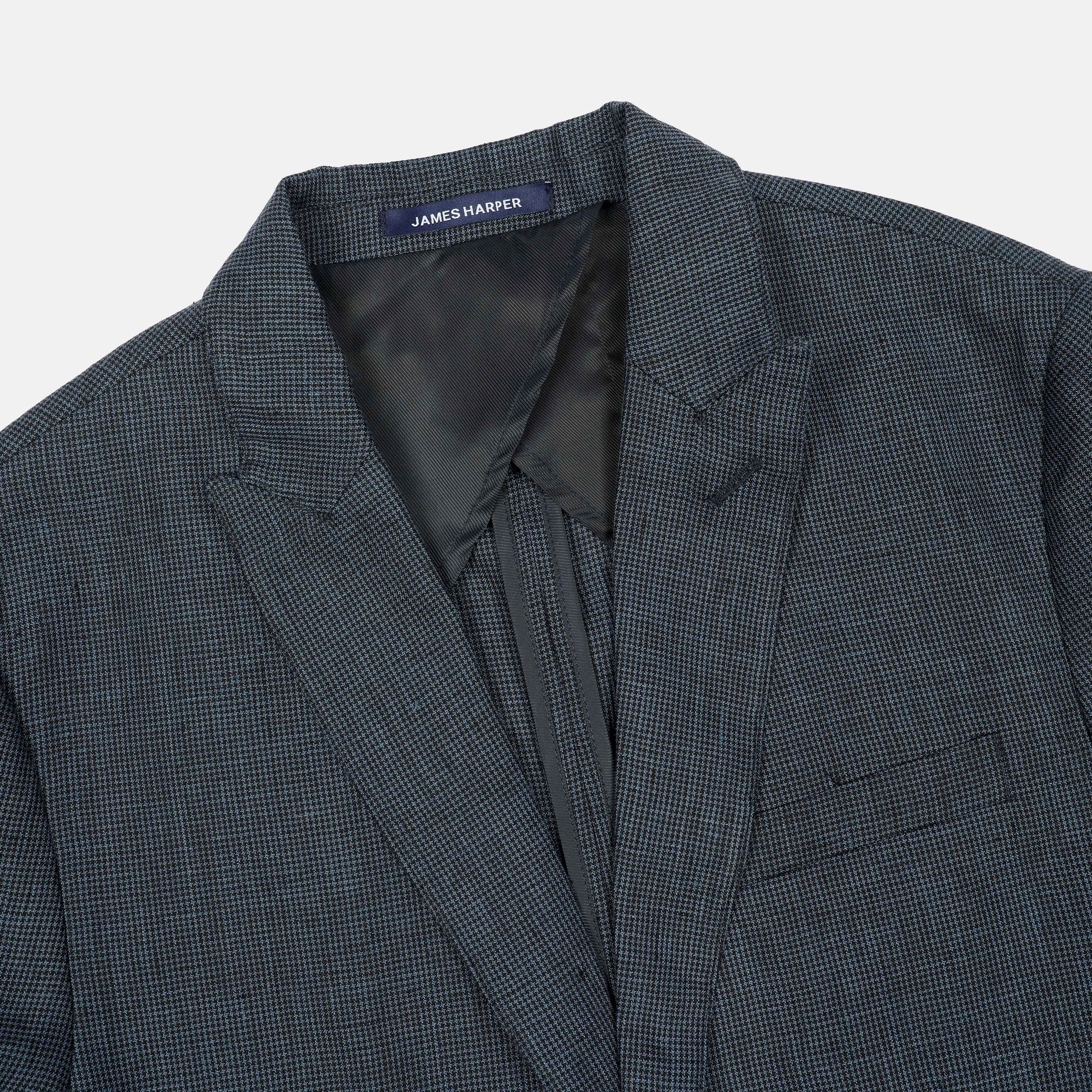 Navy Linen Peak Lapel Houndstooth Blazer