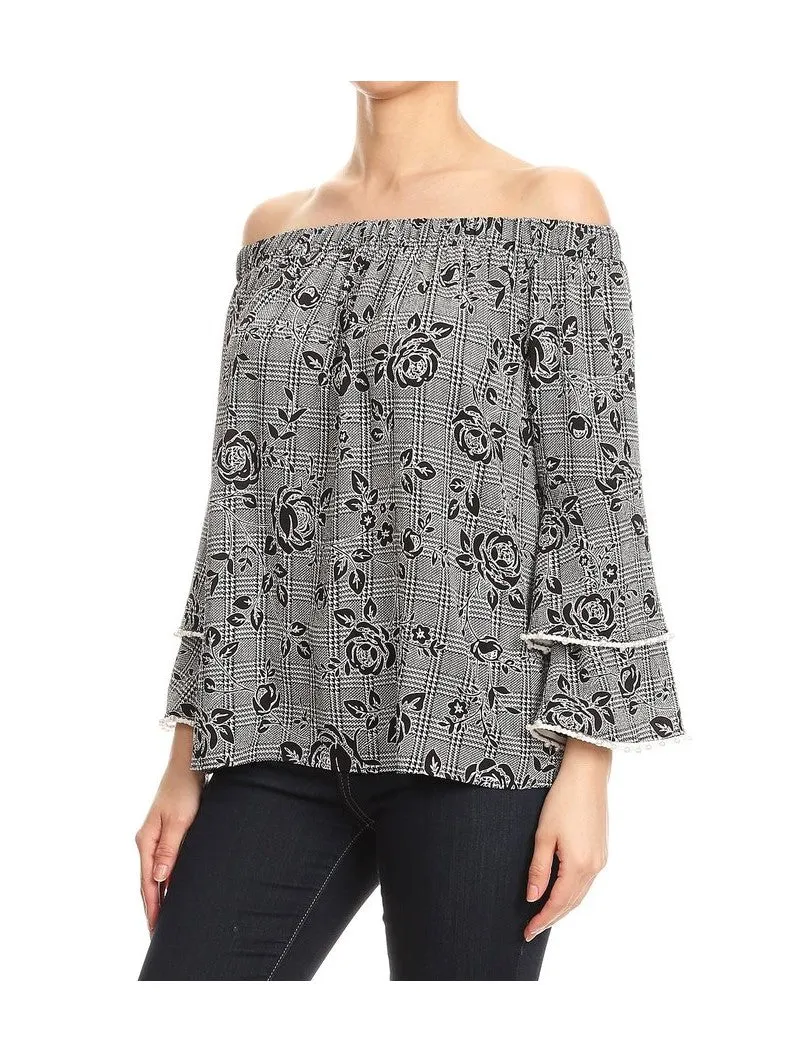 Off the Shoulder Ruffle Sleeve with Pearls Top