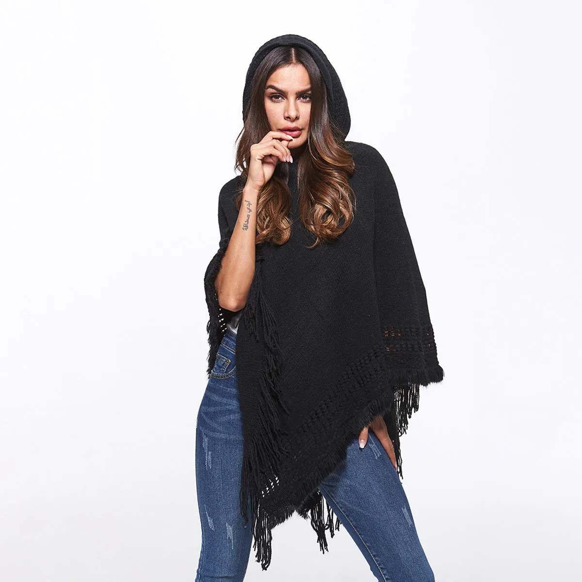 Openwork Fringe Hem Hooded Poncho