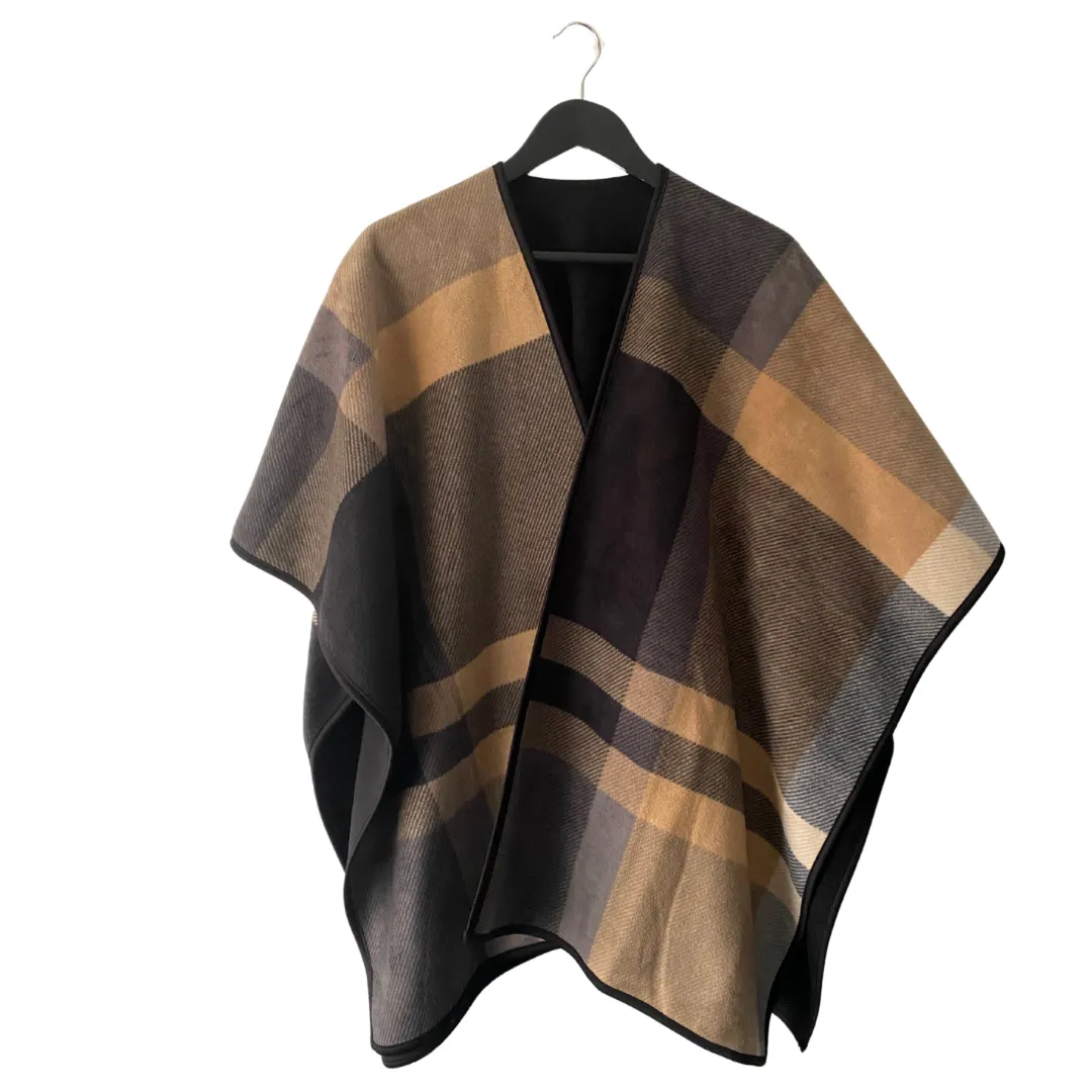 Oversized Check Shawl Reversible Wrap Camel Black ONE SIZE