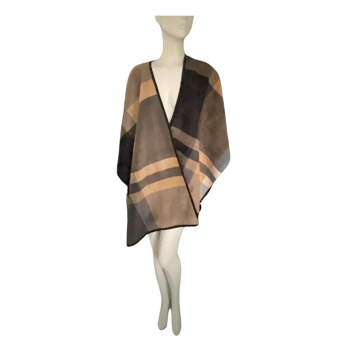 Oversized Check Shawl Reversible Wrap Camel Black ONE SIZE