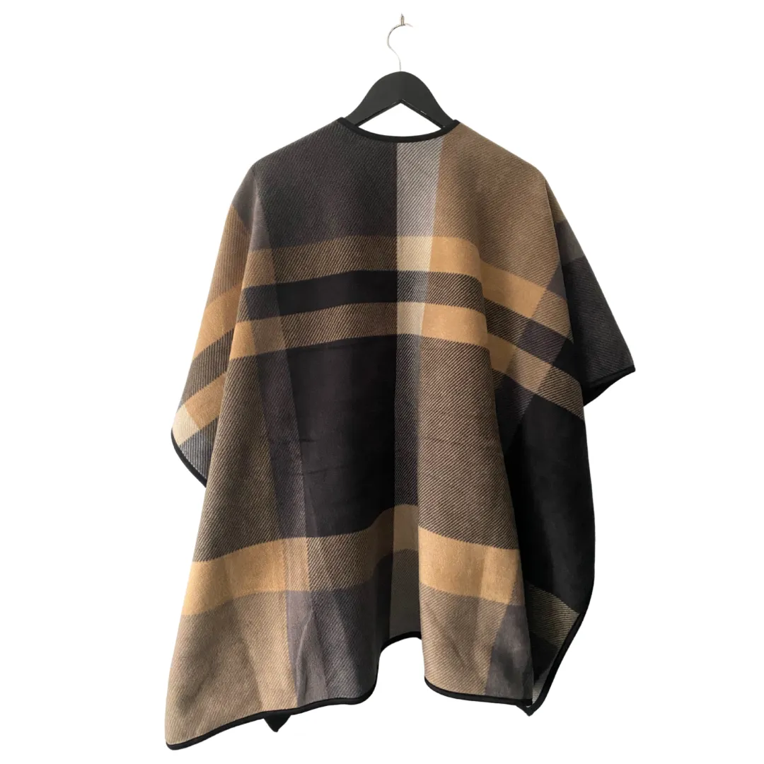 Oversized Check Shawl Reversible Wrap Camel Black ONE SIZE