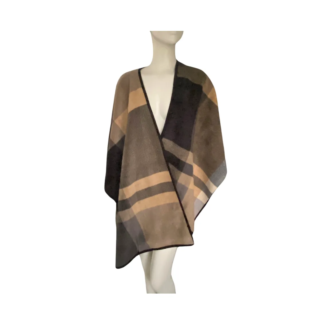 Oversized Check Shawl Reversible Wrap Camel Black ONE SIZE