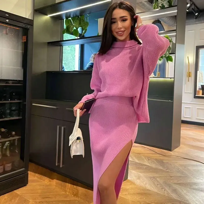 Oversized Turtleneck Sweater High Split Midi Skirt Matching Set - Pink