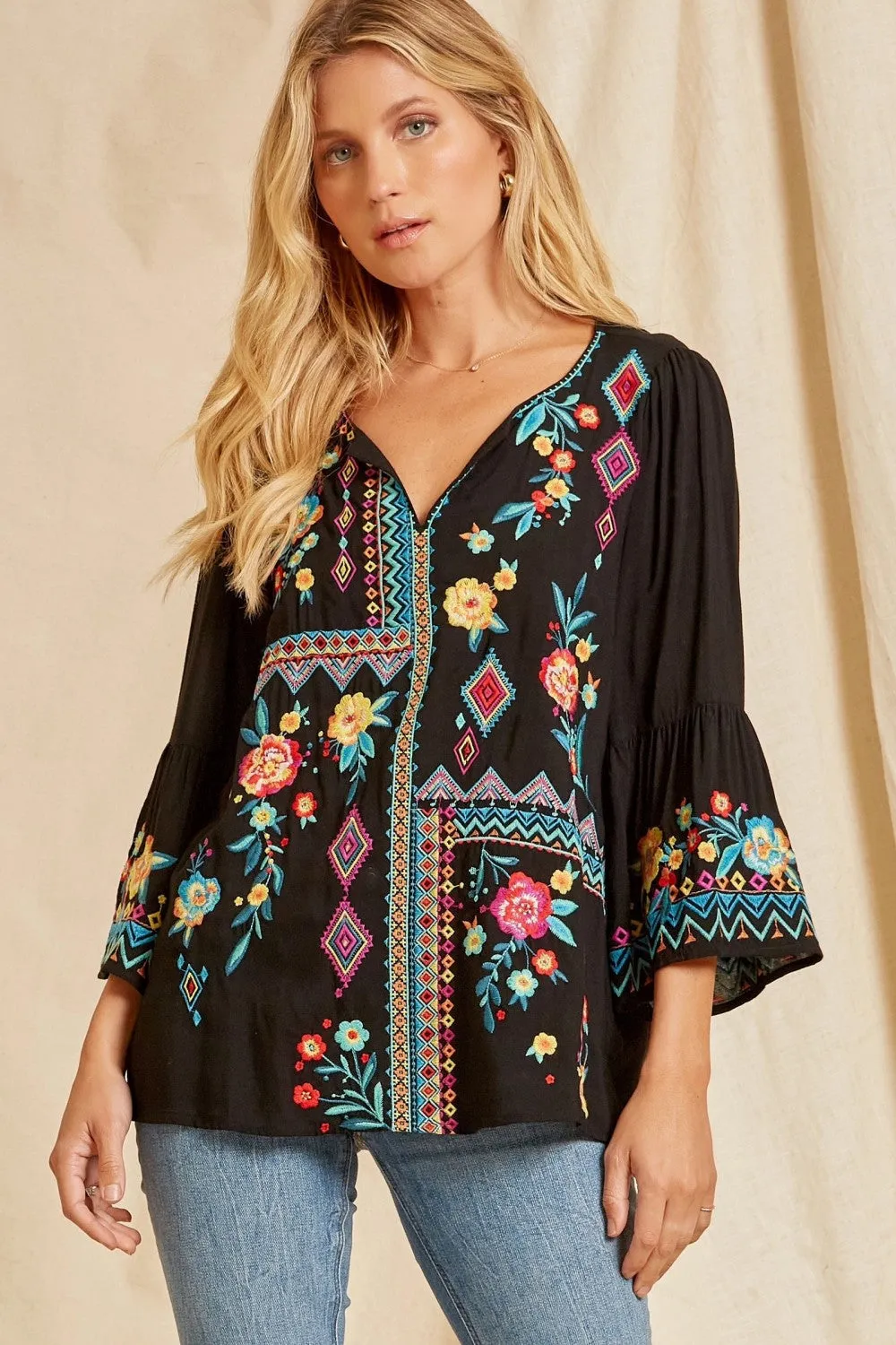 Patchwork Embroidered Top, Black