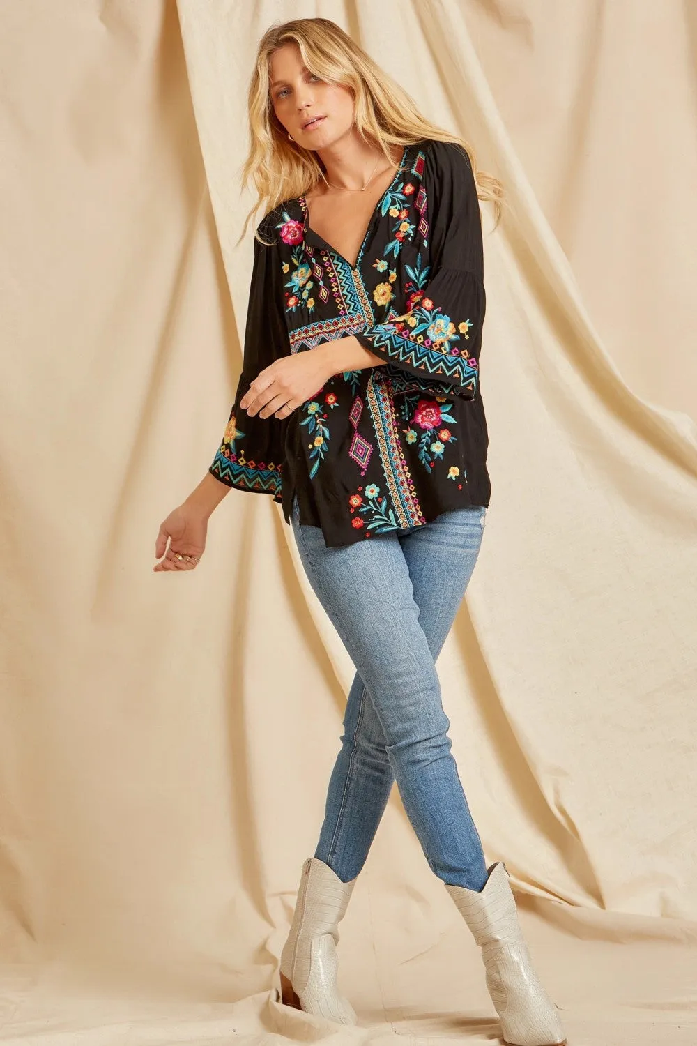 Patchwork Embroidered Top, Black