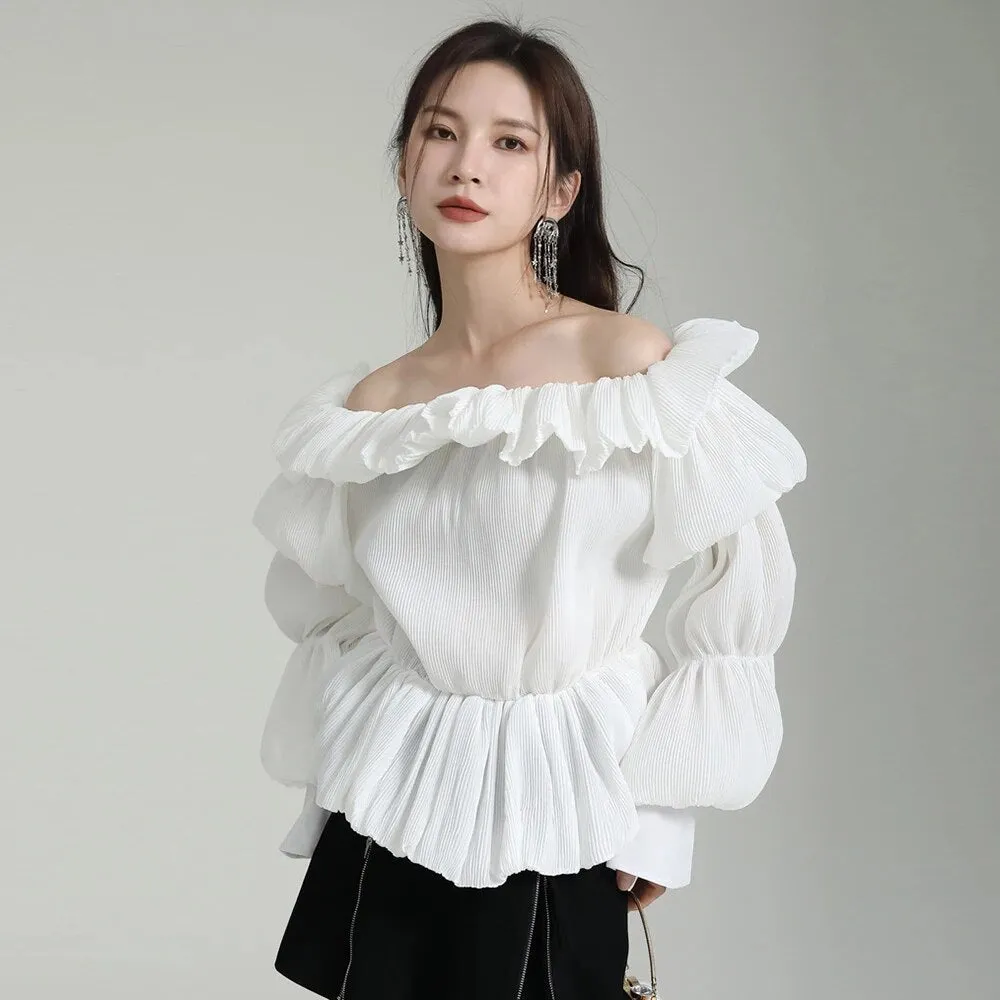 Patchwork Folds Shirts For Women Slash Neck Lantern Sleeve Tunic Loose Chic Solid Casual Blouse Female Fashion