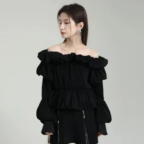 Patchwork Folds Shirts For Women Slash Neck Lantern Sleeve Tunic Loose Chic Solid Casual Blouse Female Fashion