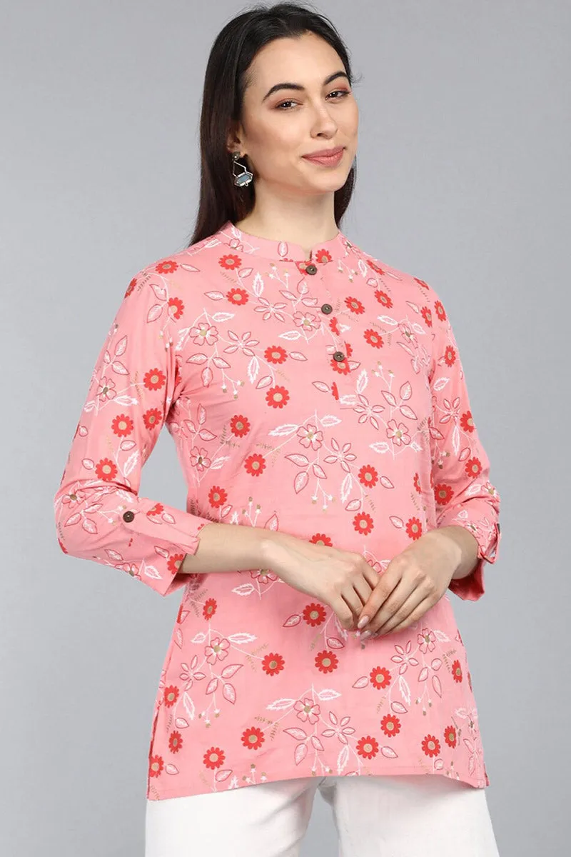 Pink Cotton Floral Print Regular Tunic Top