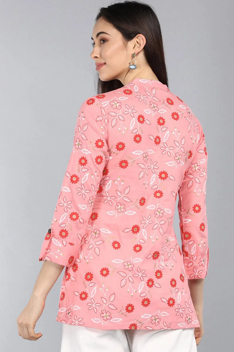 Pink Cotton Floral Print Regular Tunic Top