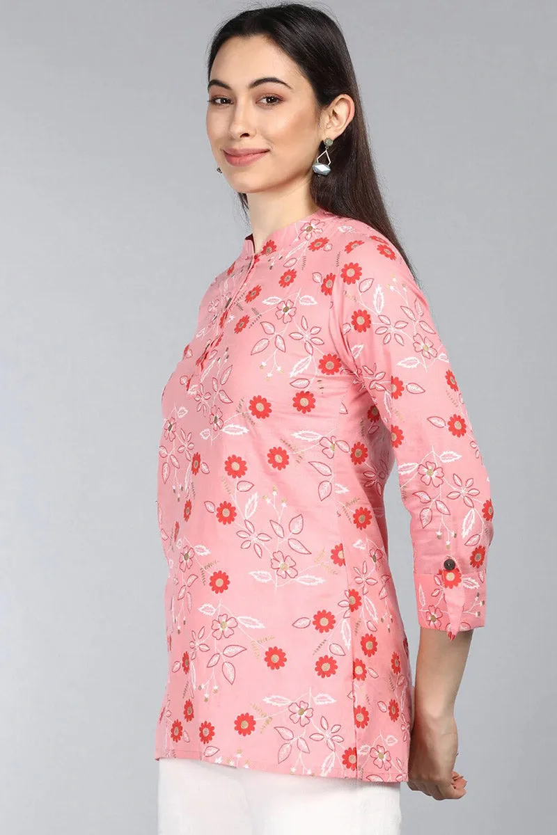 Pink Cotton Floral Print Regular Tunic Top