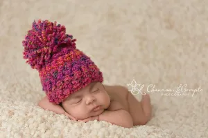 Pink Rainbow Newborn Pom Hat