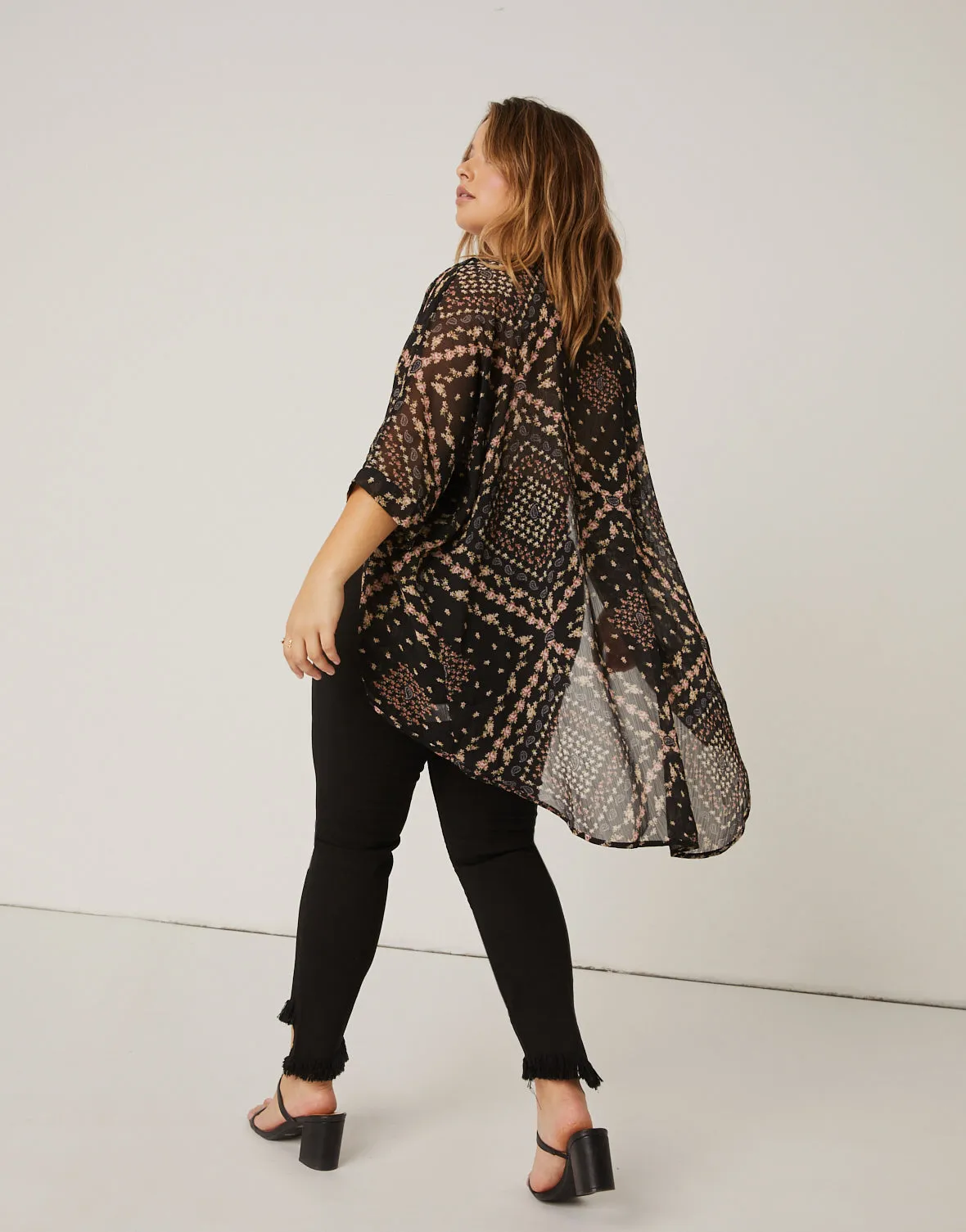 Plus Size Floral Printed Sheer Cardigan