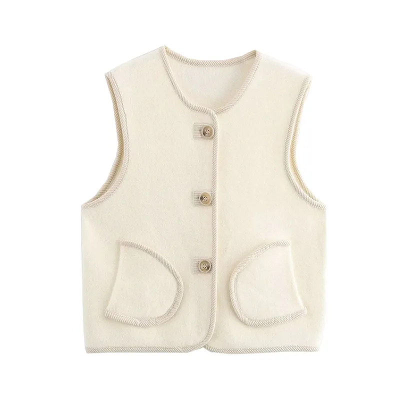 Pre Order: Loose Fit Sleeveless Trimmed Pocket  Pearl Fleece Vest