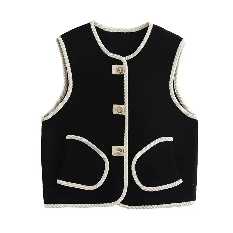 Pre Order: Loose Fit Sleeveless Trimmed Pocket  Pearl Fleece Vest